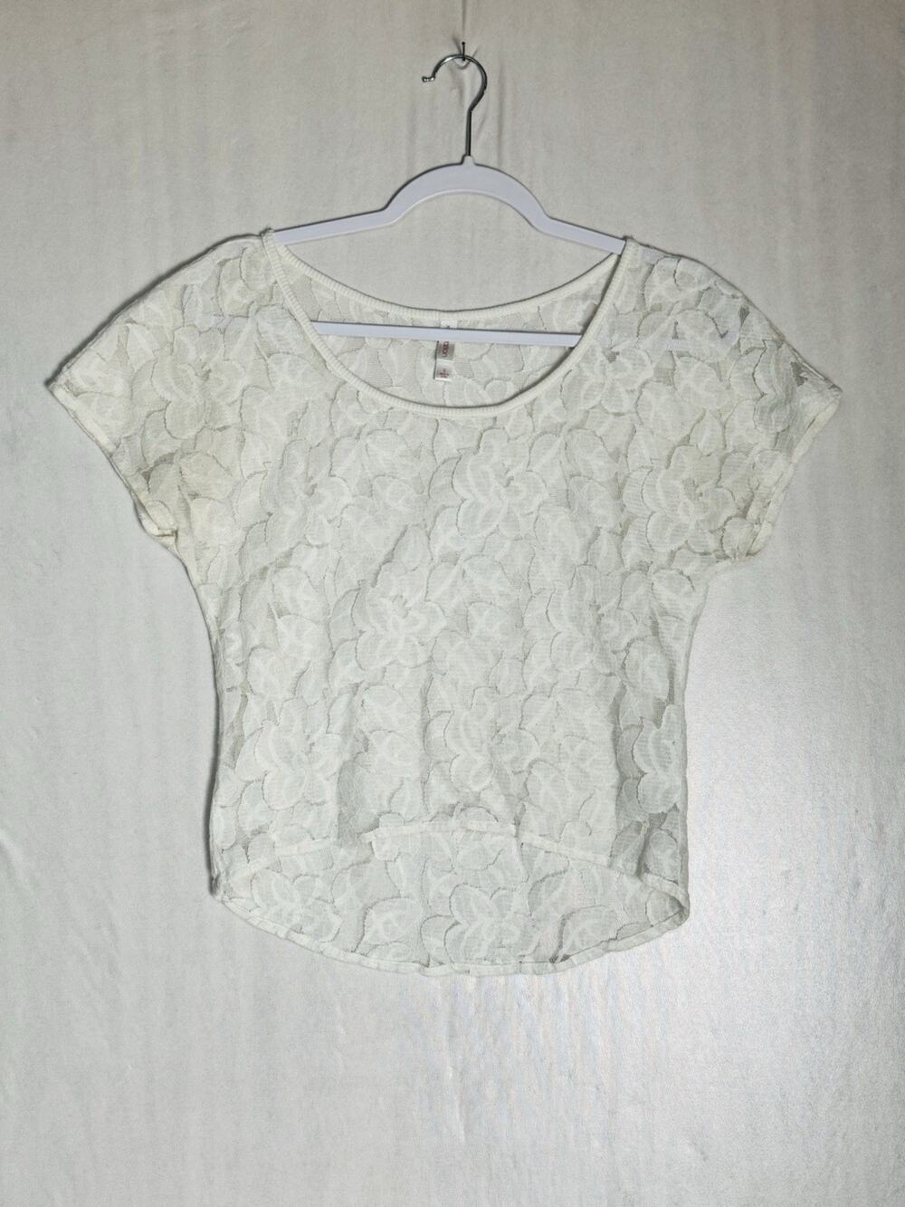 Y2K Ivory Sheer Floral Lace Baby Tee Fairy Grunge Balletcore Coquette Top Sz S
